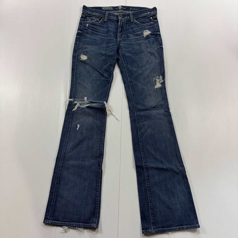 JK97. Women’s 7 For All Mankind Dark Blue Distressed Flare Jeans (28)